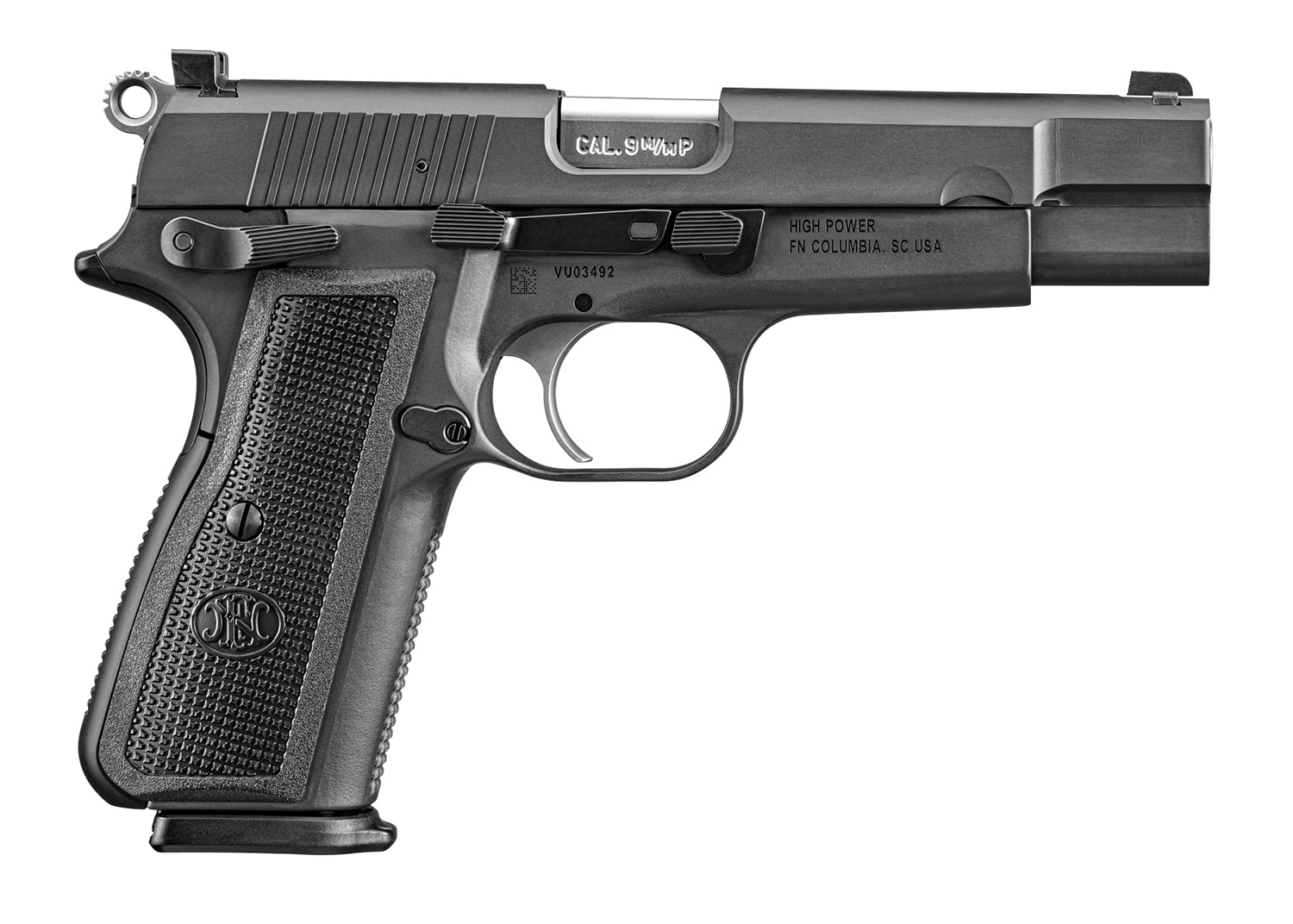 FN 66101115 High Power  9mm Luger 10+1 4.70" Black Target Crown Steel Barrel, Black PVD Serrated Steel Slide & Steel Frame w/Beavertail, Black Polymer Grip, Ambidextrous