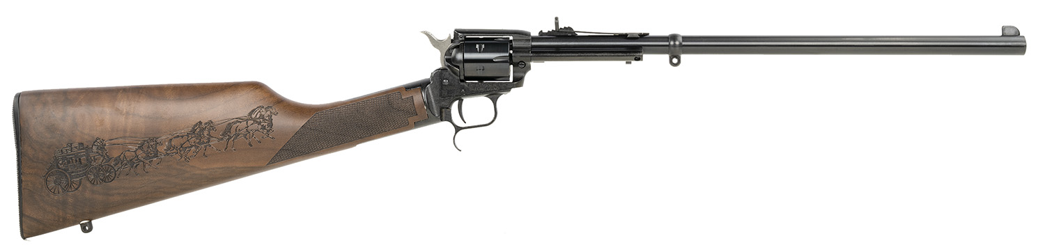 Heritage Mfg BR226B16HSWB01 Rough Rider Rancher Exclusive Configuration Full Size 22 LR 6rd 16" Barrel, Black Steel Frame, Blued Steel Receiver, Fixed Engraved Stagecoach Engraved Walnut Stock, Wood E