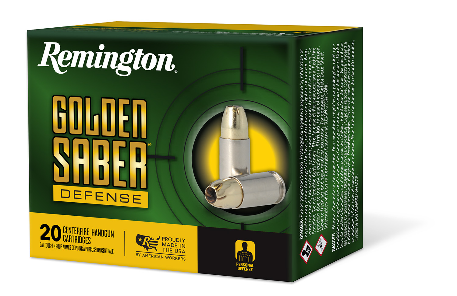 Remington Ammunition 27601 Golden Saber Defense 9mm Luger 124 Gr Brass Jacket Hollow Point (BJHP) 20 Per Box/ 25 Cs