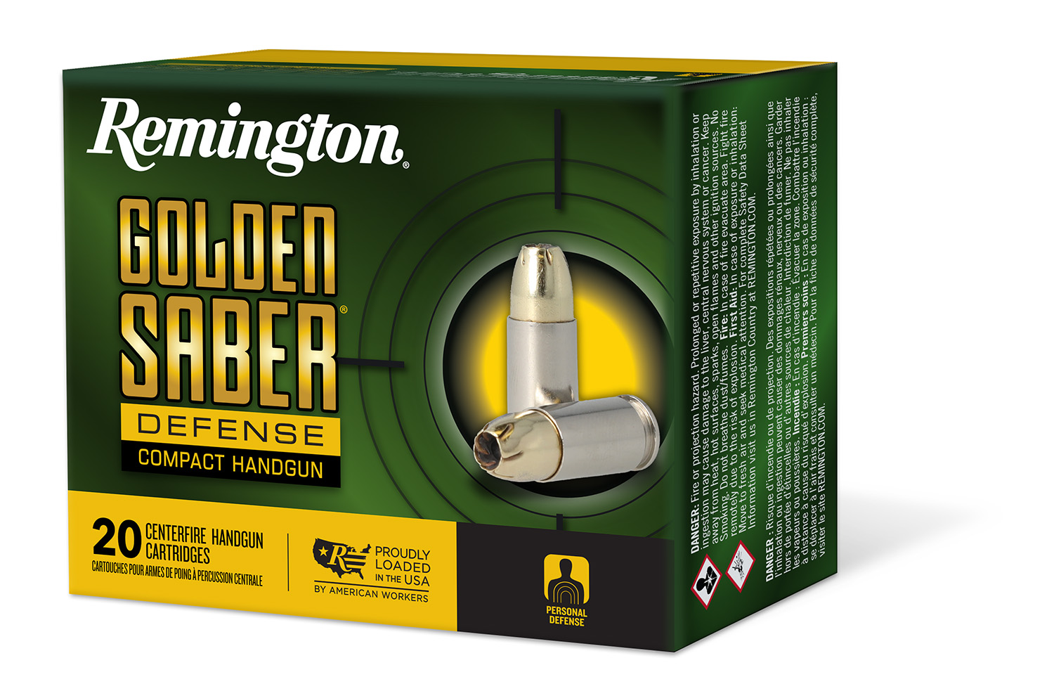 Remington Ammunition 27619 Golden Saber Defense 45 ACP 230 gr Brass Jacket Hollow Point (BJHP) 20 Rounds