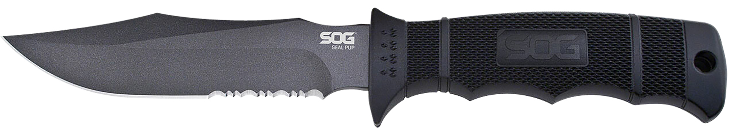 S.O.G SOGM37K Seal Pup  4.75 Fixed Clip Point Part Serrated Powder Coated AUS-8A SS Blade Black w/Raised Diamond Pattern GRN Handle Includes Sheath