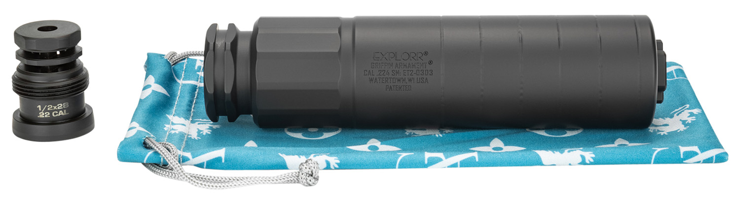 Griffin Armament EXPLORR 22 Cal GAET2-W Suppressor, Black Stainless Steel, 1.5" Diameter, 6.0" Length, 9.0oz, 31DB Attenuation, Cerakote Finish