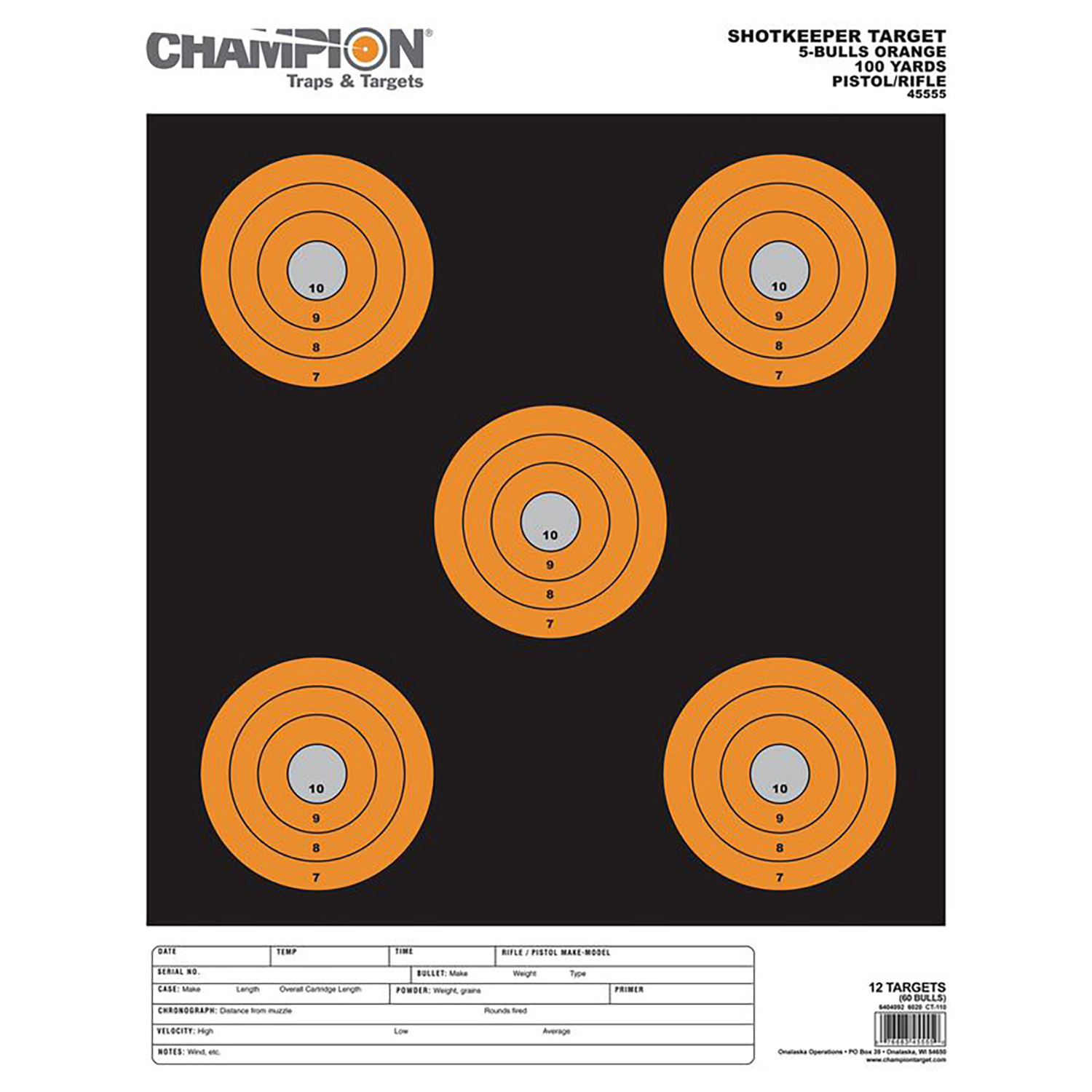 Champion Targets 45555 Shotkeeper  5 Bullseye Paper 100 yds Pistol/Rifle Large Black/Orange 12 PK