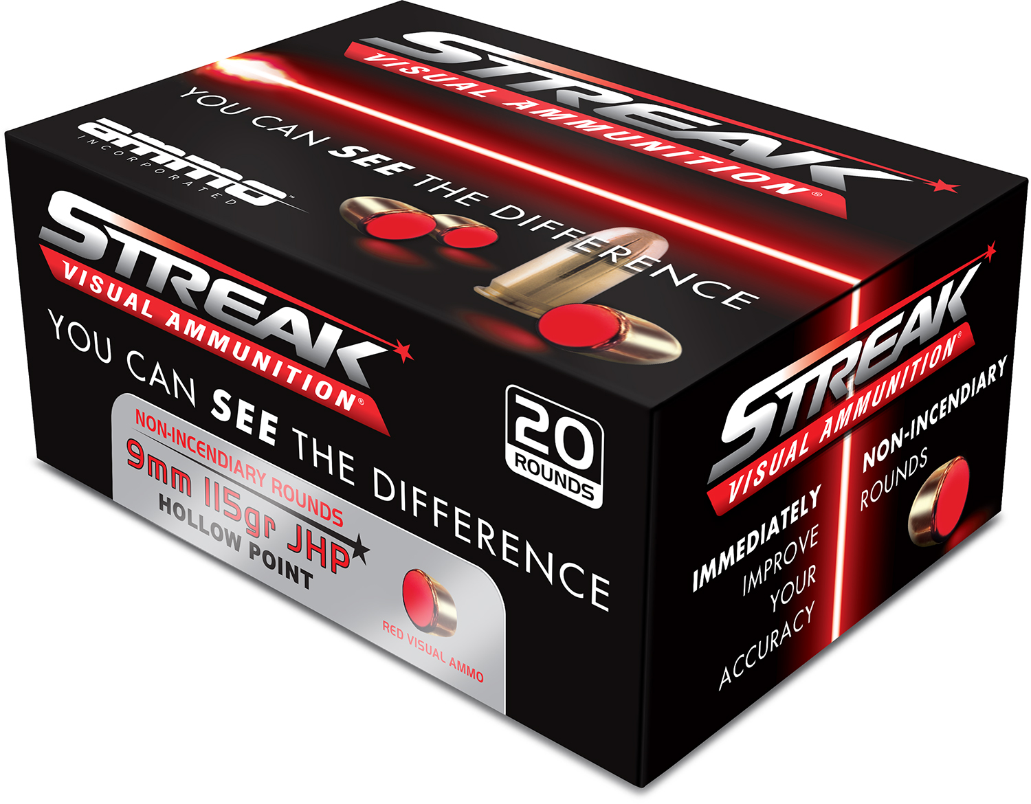 Ammo Inc 9115JHPSTRKRED Streak 9mm Luger 115gr JHP 20 Rounds Red Visual
