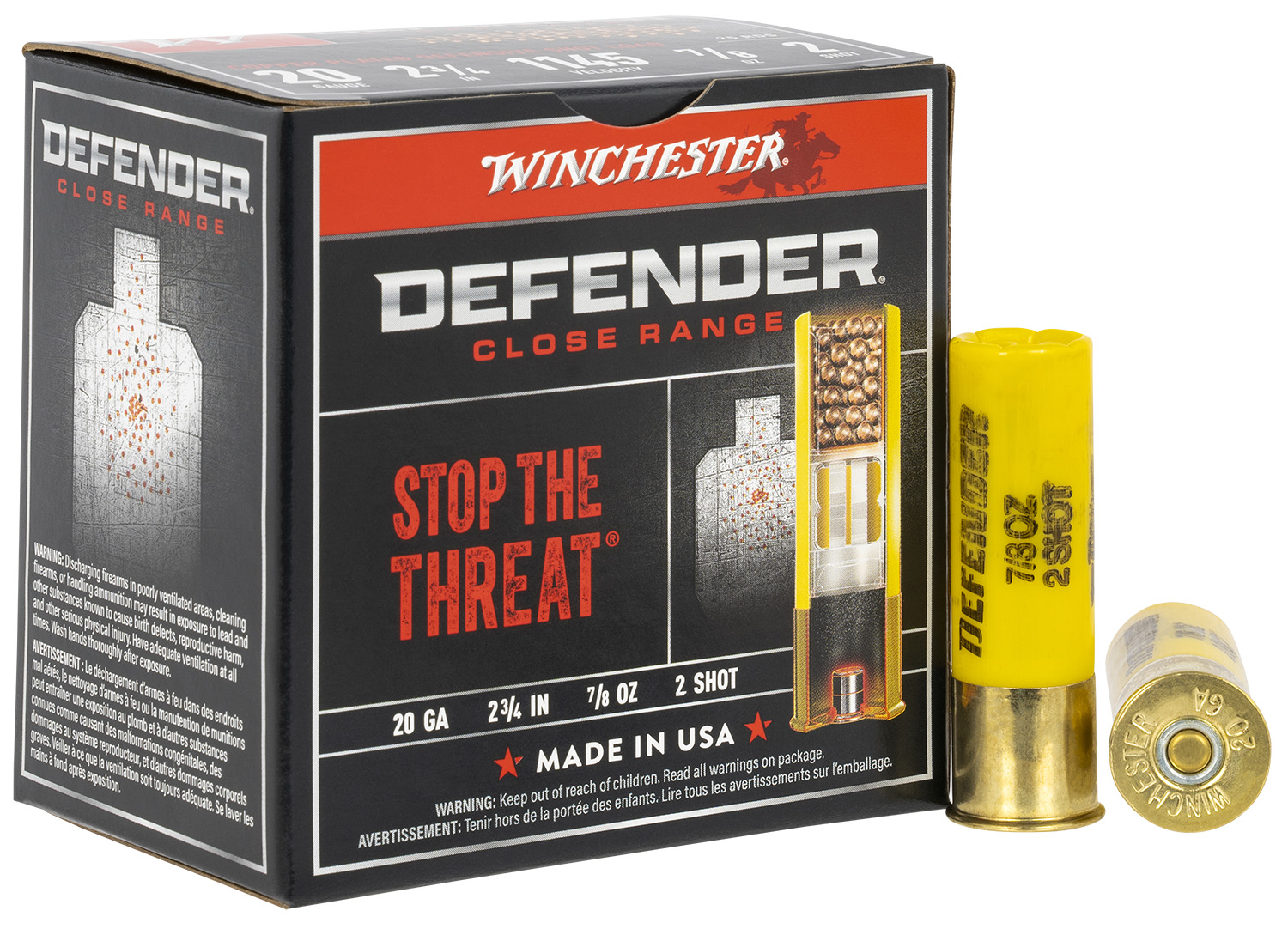 Winchester Ammo S202PD25 Defender 20 Gauge 2.75" 7/8 oz 1145 fps 2 Shot 25 Bx/10 Cs