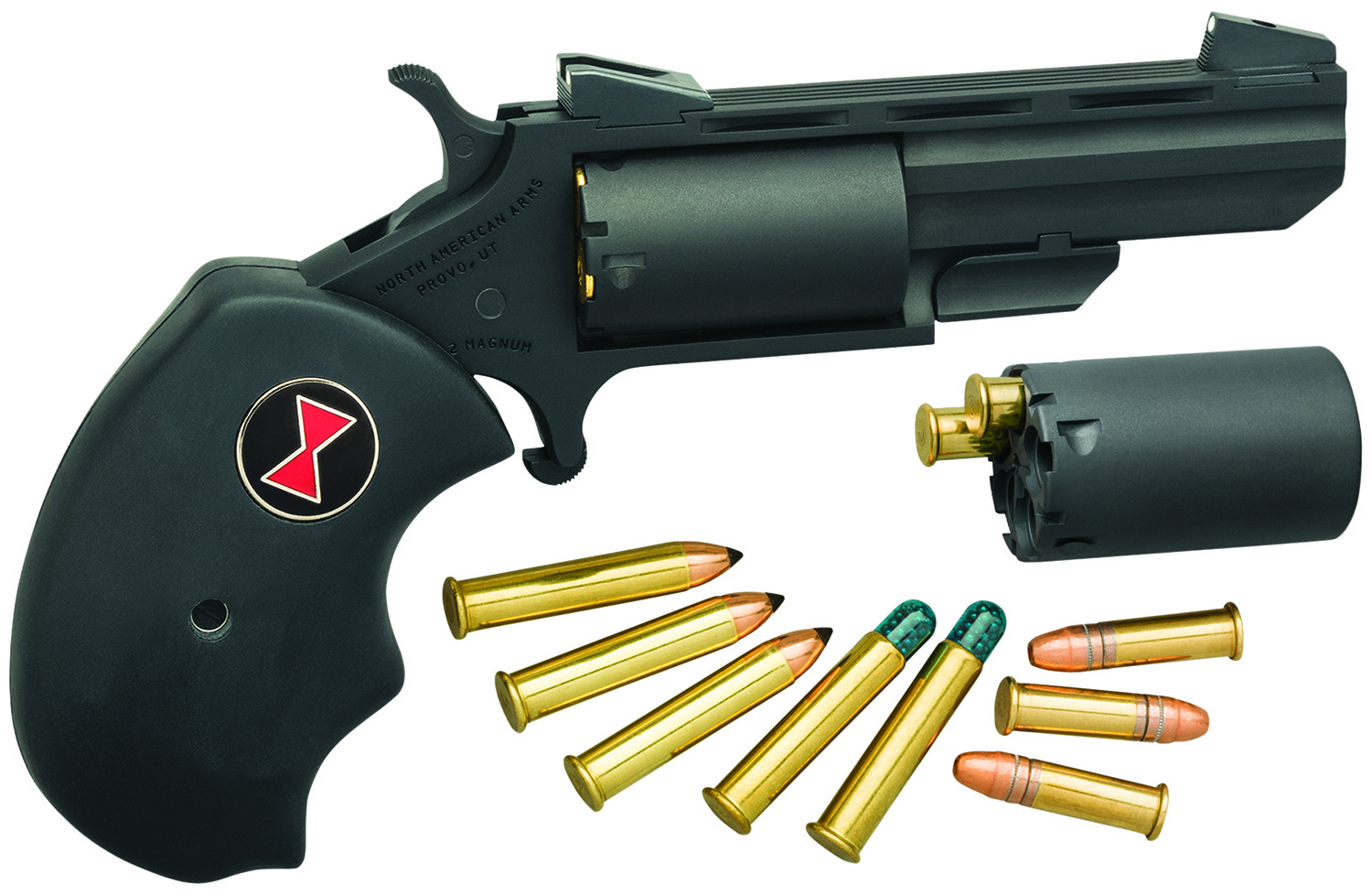North American Arms BWCCRK Black Widow  22 LR or 22 WMR 5 Shot 2" Vent Rib Barrel, Overall Stainless Finish, Finger Grooved Black Rubber Grip & Fixed Sights Includes Cylinder