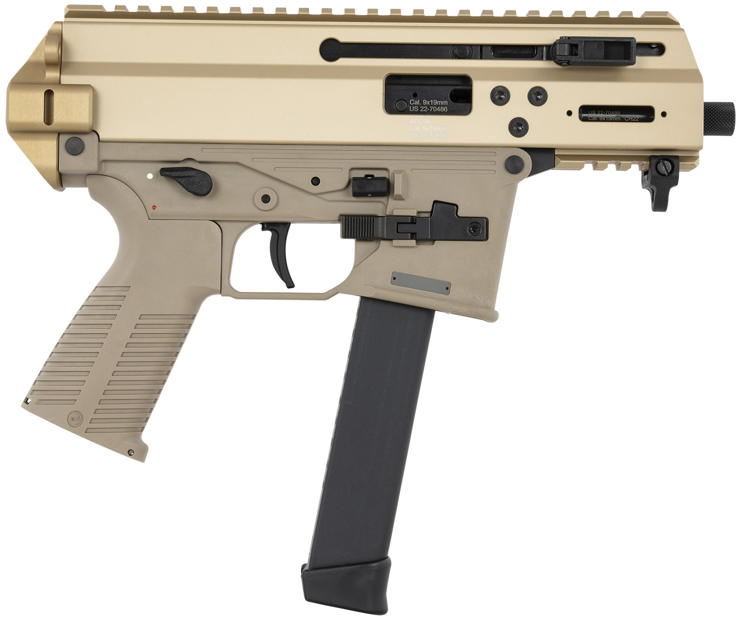 B&T Firearms 36176502GCT APC9K  9mm Luger 33+1 4.30 Black Steel Barrel, Coyote Tan Picatinny Rail Receiver, Brace Adapter, Coyote Polymer Grips, Ambidextrous B&T Firearms 36176502GCT APC9K  9mm Luger 33+1 4.30 Black Steel Barrel, Coyote Tan Picatinny Rail Receiver, Brace Adapter, Coyote Polymer Grips, Ambidextrous