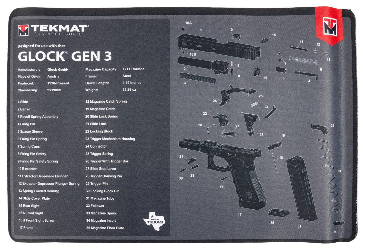 TekMat TEKR17GLOCKG3 Glock Gen 3 Glock Gen3 Parts Diagram 11" x 17"-img-0