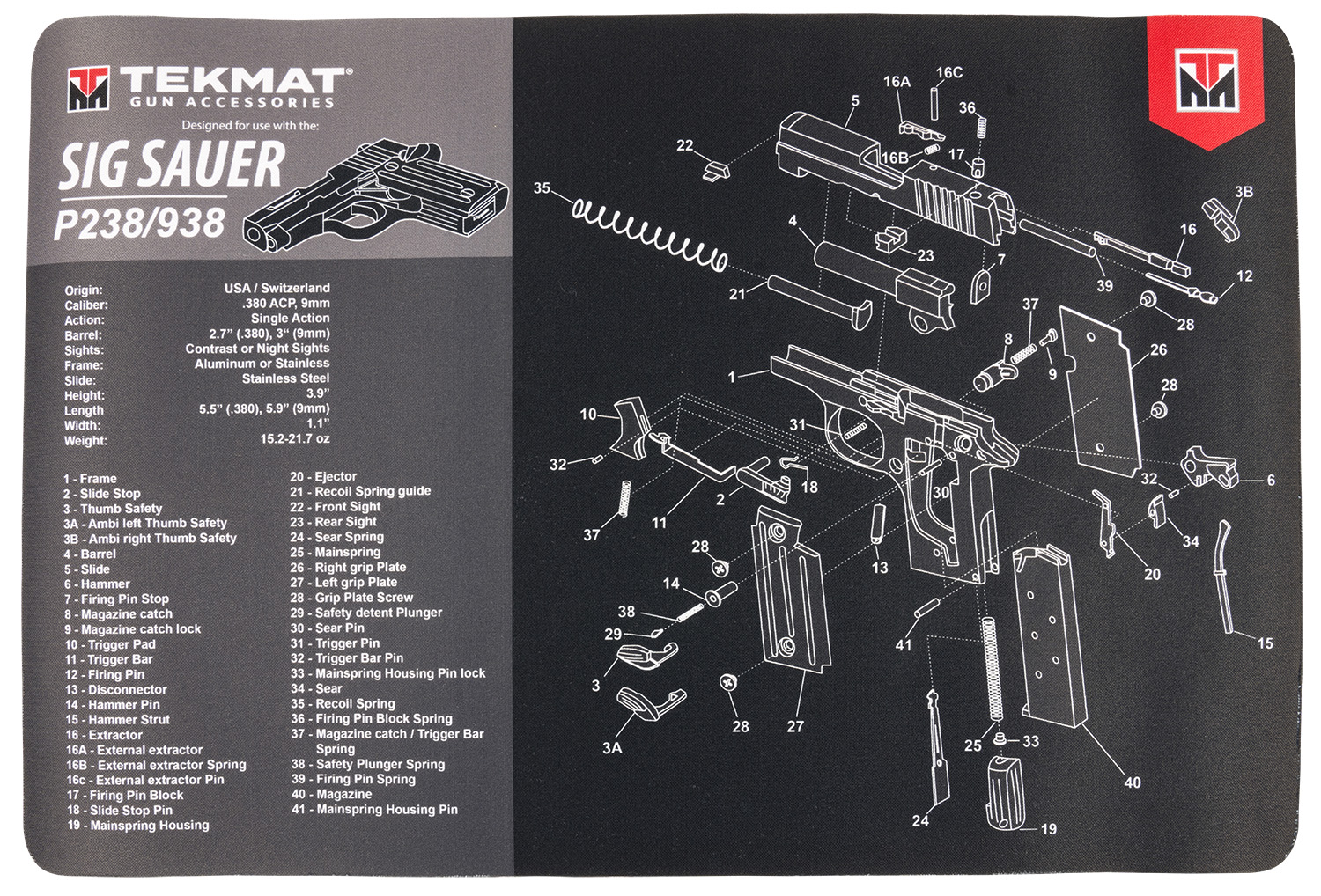 TekMat TEKR17SIGP238 Sig Sauer P238 Cleaning Mat Sig P238 Parts Diagram...-img-0