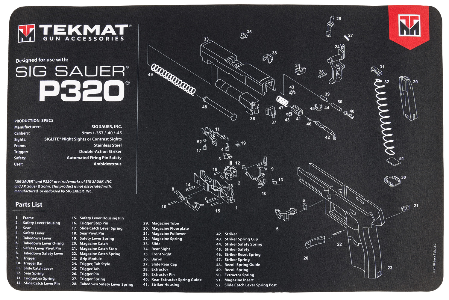 TekMat TEKR17SIGP320 Sig Sauer P320 Cleaning Mat Black/White Rubber 11x17 Sig P320 Parts Diagram
