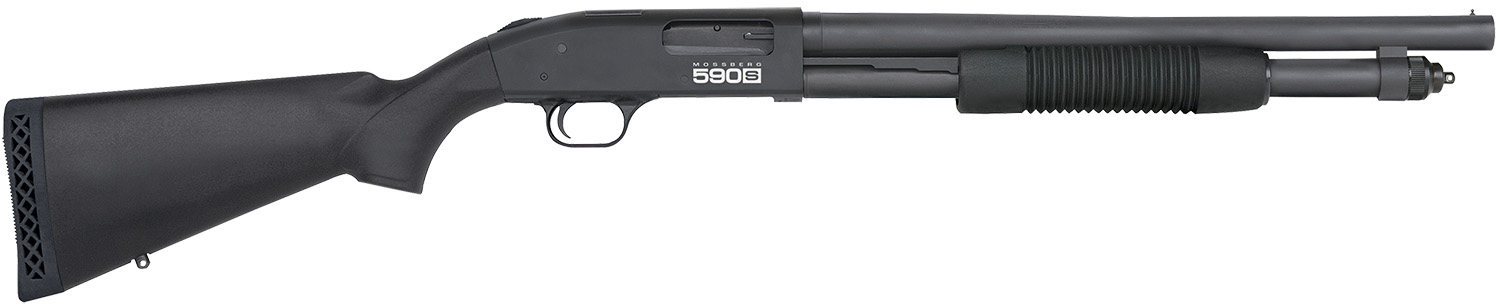 Mossberg 51605 590S  12 Gauge Pump 3 9+1 18.50 Matte Blued Steel Barrel, Matte Blued Optic Ready Receiver, Fixed Black Synthetic Stock, Right Hand