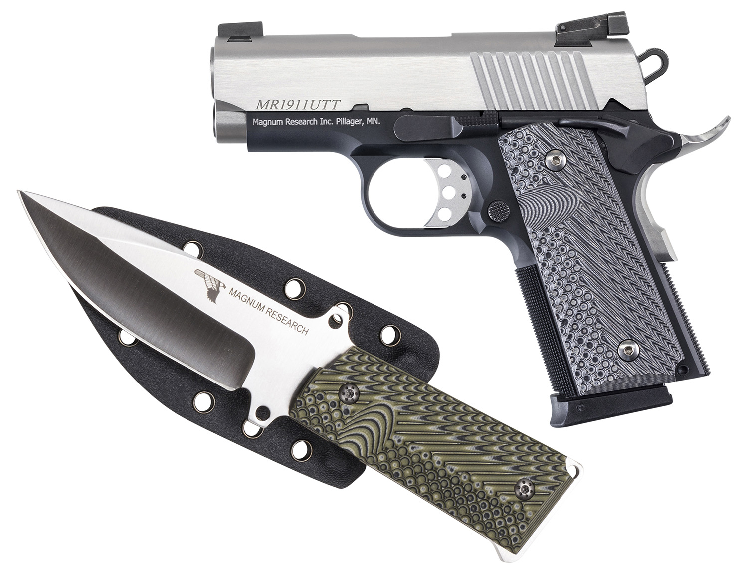Kahr Arms DE1911UTTK Desert Eagle 1911 U w/1911 Knife 45 ACP 6+1 3 Stainless Serrated Slide, Two-Tone w/Black Finish Aluminum Frame w/Beavertail, Black/Gray G10 Grips