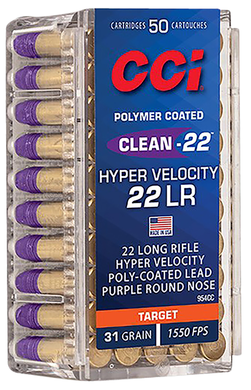 CCI 954CC Clean-22 Hyper Velocity 22 LR 31 Gr LN Purple 50 Per Box/ 100 Cs