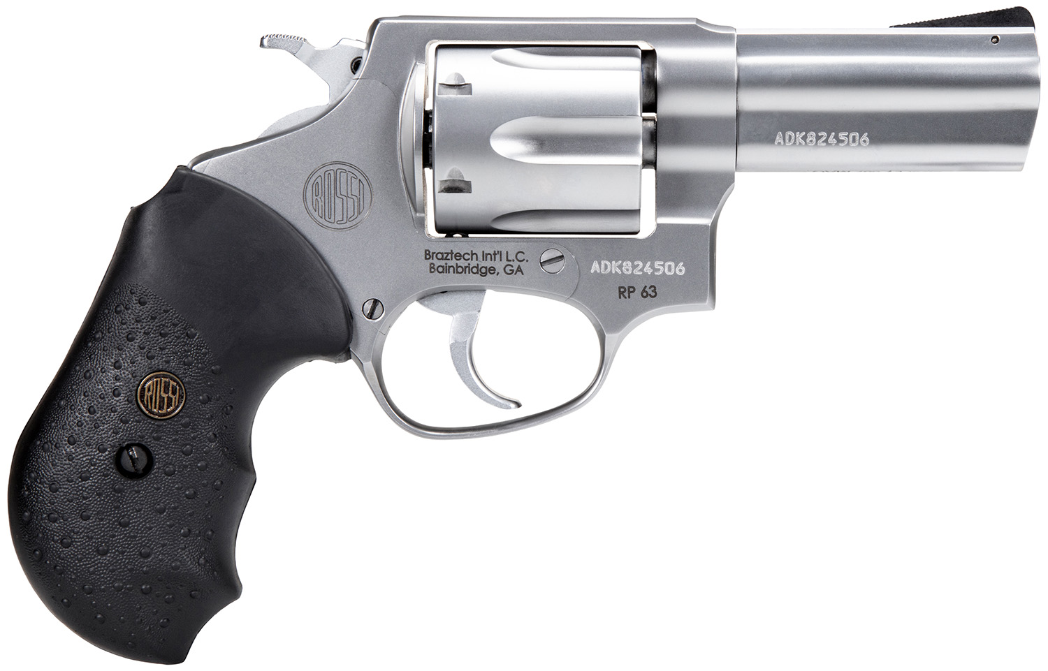 Rossi 2RP639 RP63  Small Frame 357 Mag 6 Shot, 3" Satin Stainless Steel Barrel, Cylinder & Frame, Black Textured Rubber Grip, Hammer Block Safety, Exposed Hammer