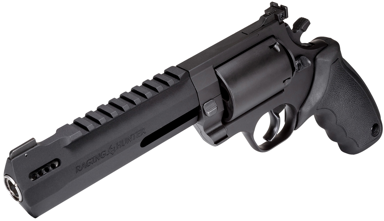 Taurus Raging Hunter 500 Black 8.38in Ported — Superb Hunter 4 Taurus Raging Hunter 500 Black revolver with 8.38-inch ported barrel and Picatinny rail, matte black, three-quarter view