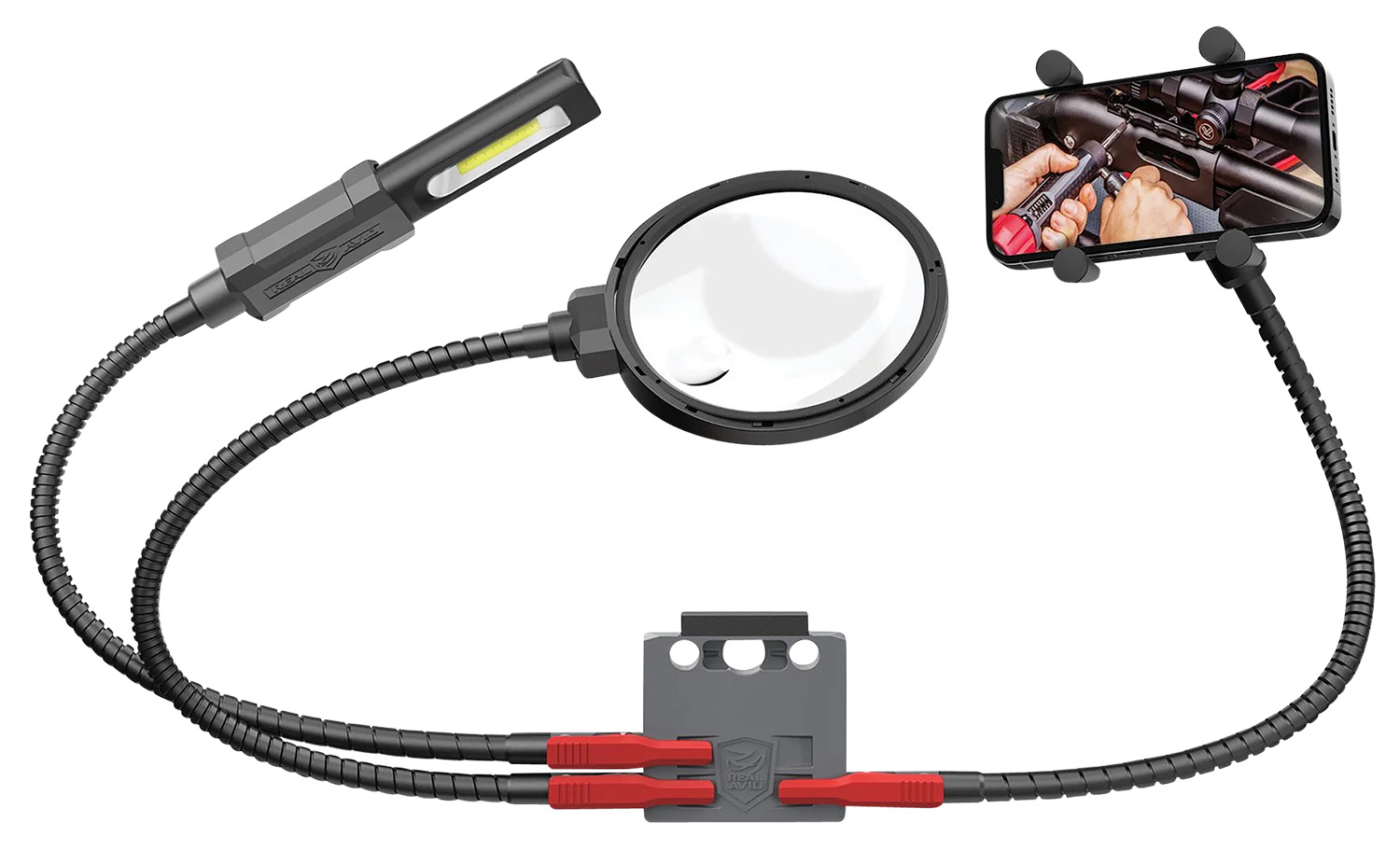 Real Avid AVMVACC Smart Mount Quick-Connect, Includes Magnifying Glass, 180 Lumen Work Light, Cell Phone Holder