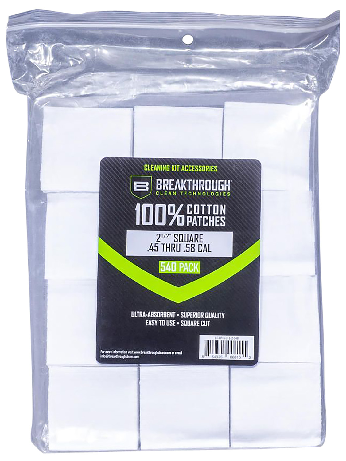 Breakthrough Clean BTCPS212540 Cotton Patches 2.5" 540-Pack 45/54 Caliber - Breakthrough Clean - .45 Cal