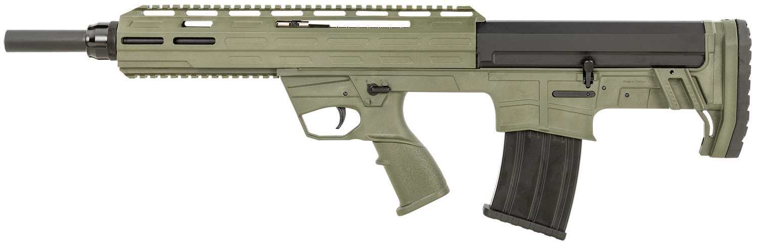 Tokarev TBP 12 OD Green 12 Gauge 18.5 in. – Proven 5+1 Bullpup Shotgun 4 Tokarev TBP 12 OD Green 12 gauge bullpup shotgun right side view with flip up sights and M-LOK handguard