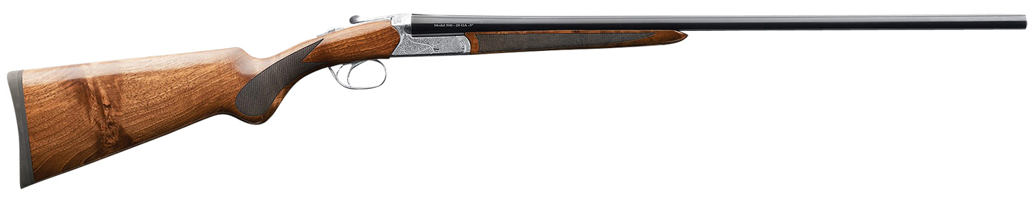 Charles Daly 930340 500  Full Size 20 Gauge Break Open 3 2rd 26 Gloss Blued Side By Side Barrel, Silver Engraved Stainless Steel Receiver, Checkered Oiled Walnut Stock