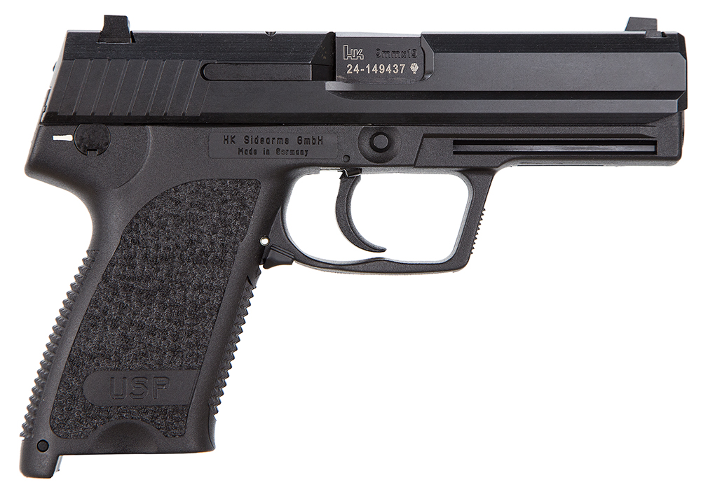 HK 81000307 USP V1 SA/DA 9mm Luger Caliber with 4.25 Barrel, 15+1 Capacity, Overall Black Finish, Serrated Trigger Guard Frame, Serrated Steel Slide & Polymer Grip Includes 2 Mags
