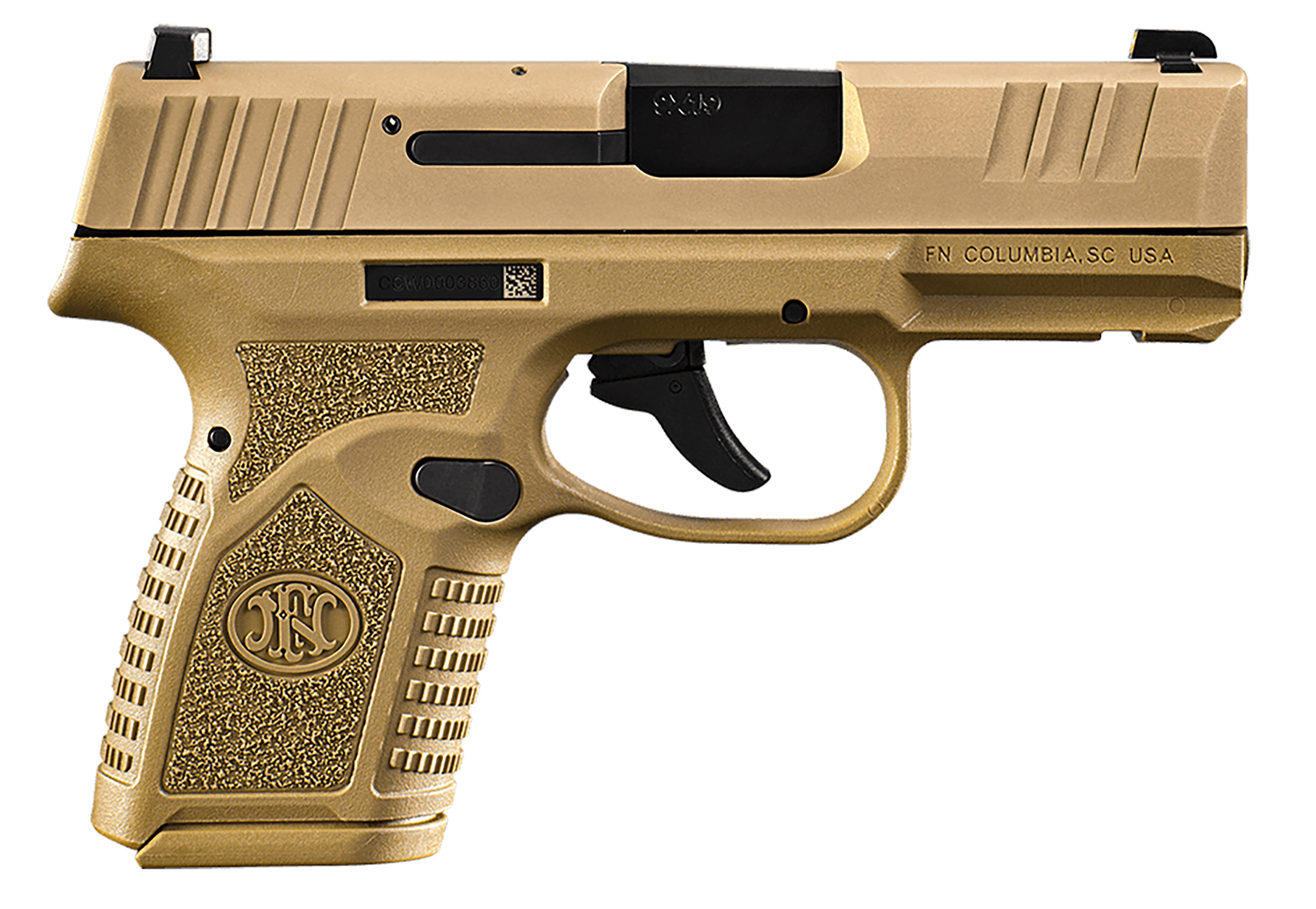 FN 66101413 Reflex  Micro-Compact Frame 9mm Luger 10+1, 3.30" Black Target Crown Steel Barrel, Flat Dark Earth PVD Serrated Steel Slide, Flat Dark Earth Polymer Frame w/Picatinny Rail, Ambidextrous
