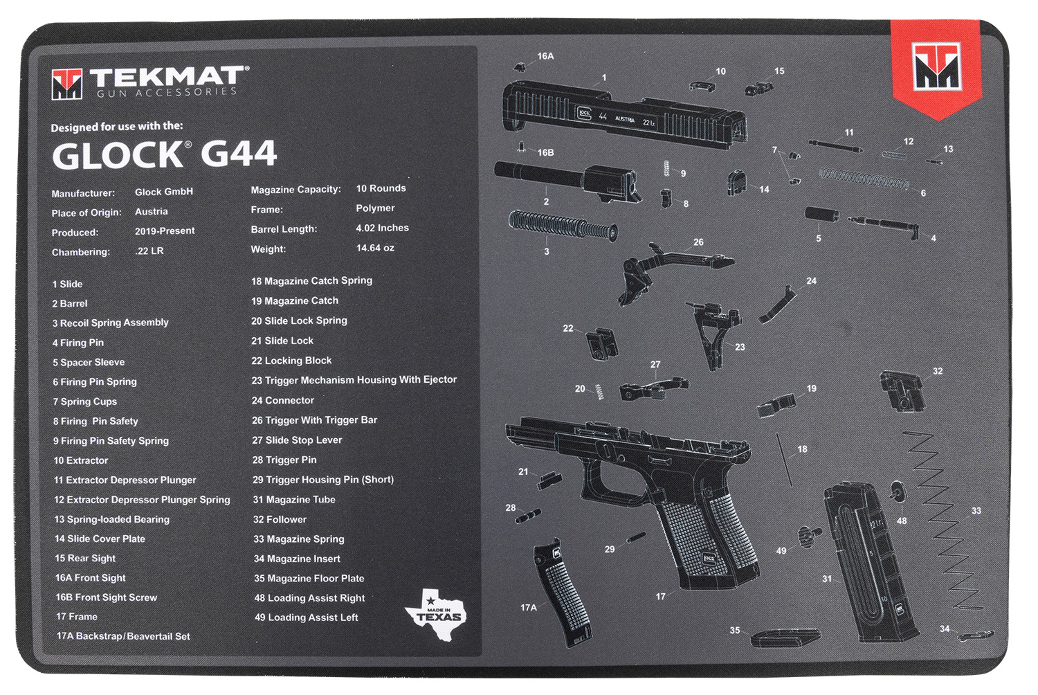 TekMat Glock 44 Gun Cleaning Mat: 17" Vulcanized Rubber, Oil -img-0