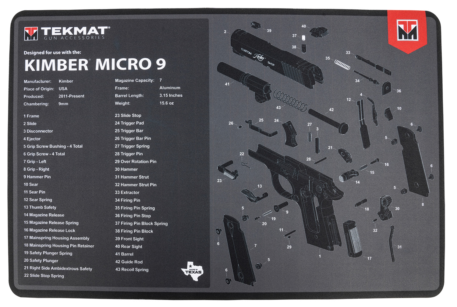TekMat Kimber Micro 9 Pistol Cleaning Mat, 11"x17", Thermoplastic Fiber-img-0