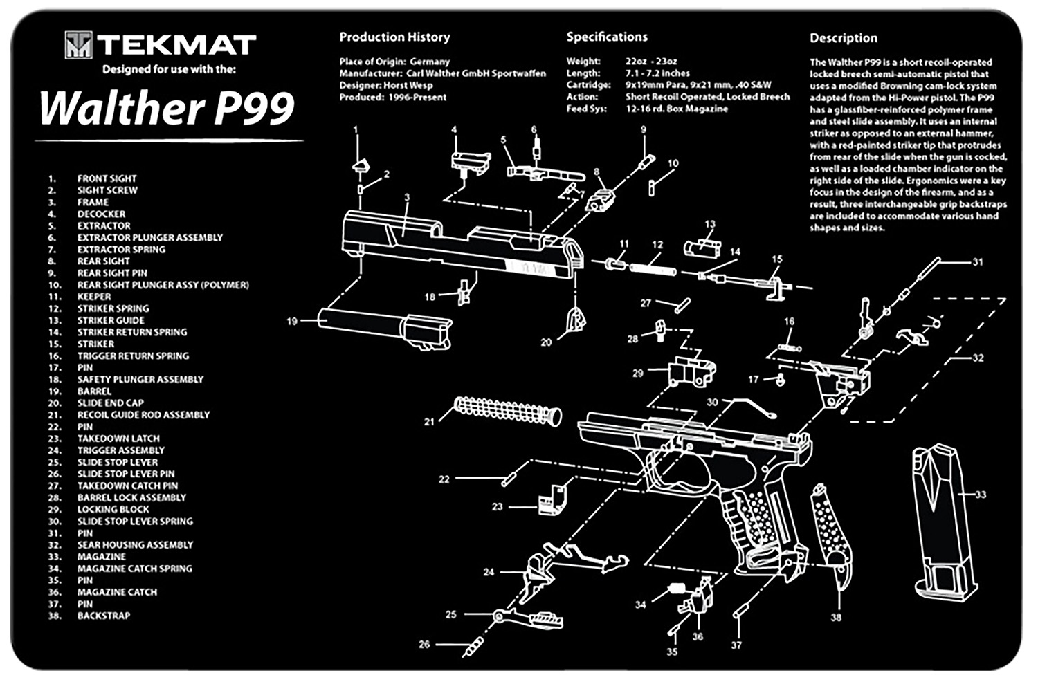 TekMat TEKR17WALP99 Walther P99 Cleaning Mat Parts Diagram-img-0