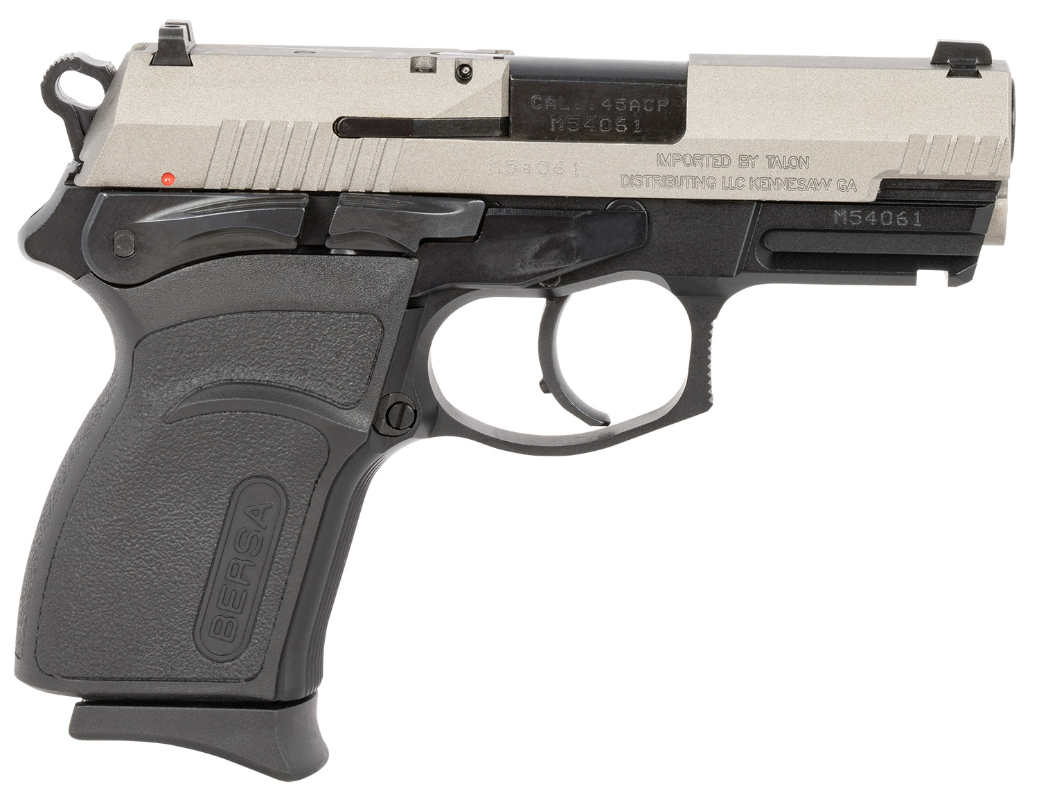 Bersa TPR45CDT TPRC  Compact Frame 45 ACP 7+1, 3.50" Black Steel Barrel, Nickel Cerakote Serrated Steel Slide, Matte Black Aluminum Frame w/Picatinny Rail, Ambidextrous