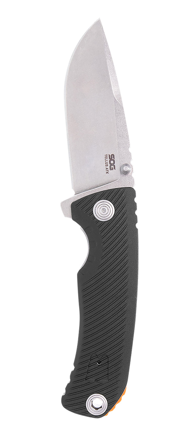 S.O.G SOG11060243 Tellus ATK 3.50" Folding Clip Point Plain Stonewashed Cryo 440C SS Blade/ Black Textured W/Orange Back