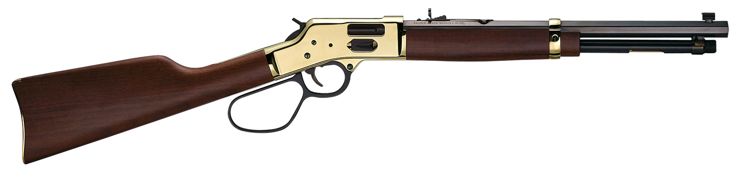 Henry H006GR Side Gate Carbine 44 Mag/44 Special 7+1 16.50 Blued Octagon Barrel, Polished Brass Rec, American Walnut Stock, Adj. Sight, Large Loop Lever