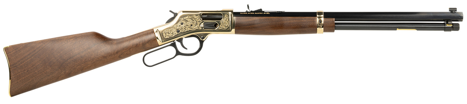 Henry H006GD Side Gate Deluxe 44 Mag/44 Special 10+1 20" Blued Octagon Barrel, Engraved Polished Brass Rec, Semi-Fancy American Walnut Stock, Adj. Sight
