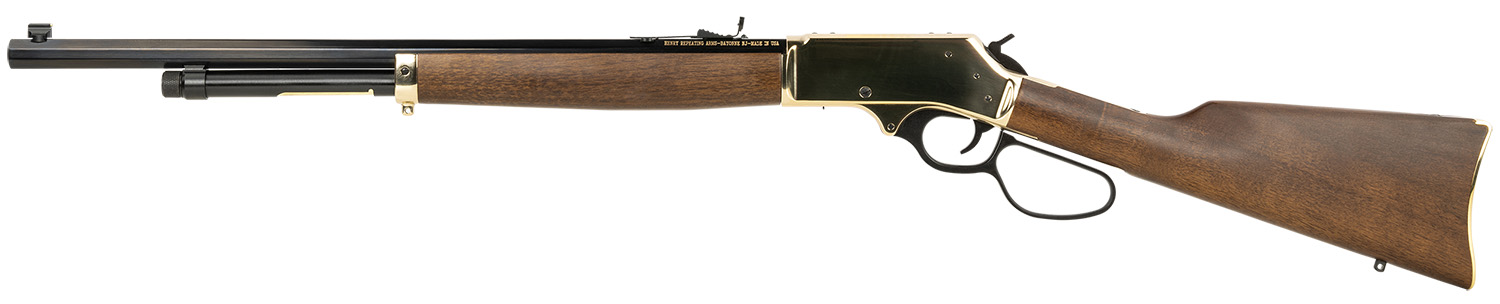 Henry Brass 45-70 Rifle Side Gate 22 in. - Superb Rugged Lever Action 5 Henry Brass 45-70 Rifle, left side, showing the polished brass receiver, octagon barrel and walnut stock