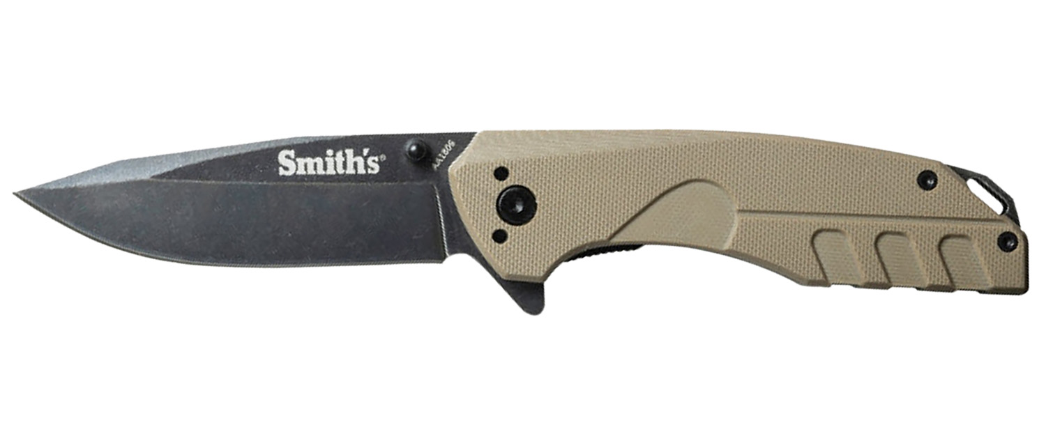 Smiths Products 50995 BattlePlan  3.35 Folding Drop Point Plain Black Stonewashed 400 SS Blade/ Desert Tan G10 Handle Includes Pocket Clip