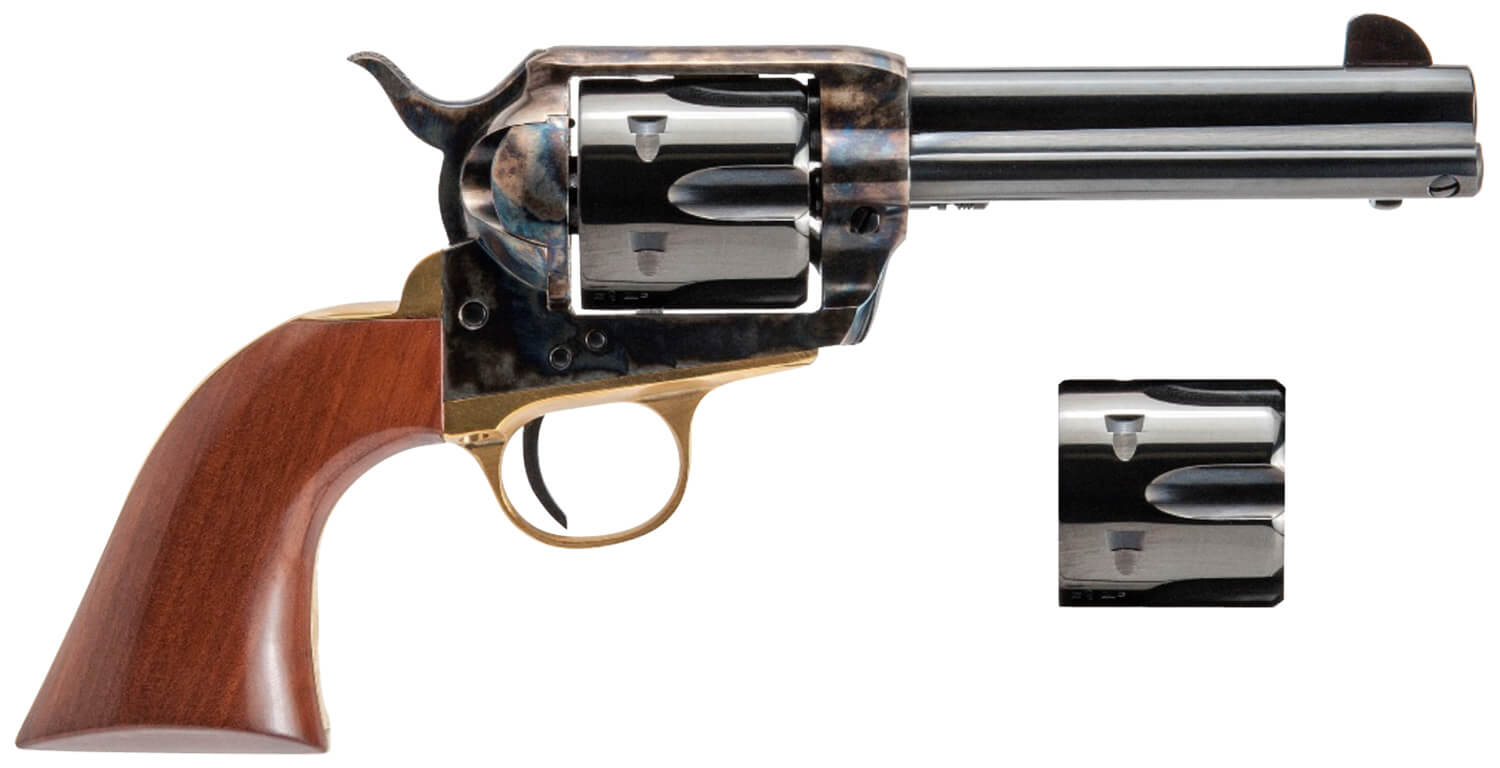 Cimarron PPP9MMDC Pistolero Dual Cylinder 9mm Luger/357 Mag 6 Shot, 4.75 Blued Barrel & Cylinder, Color Case Hardened Frame, Walnut Grip