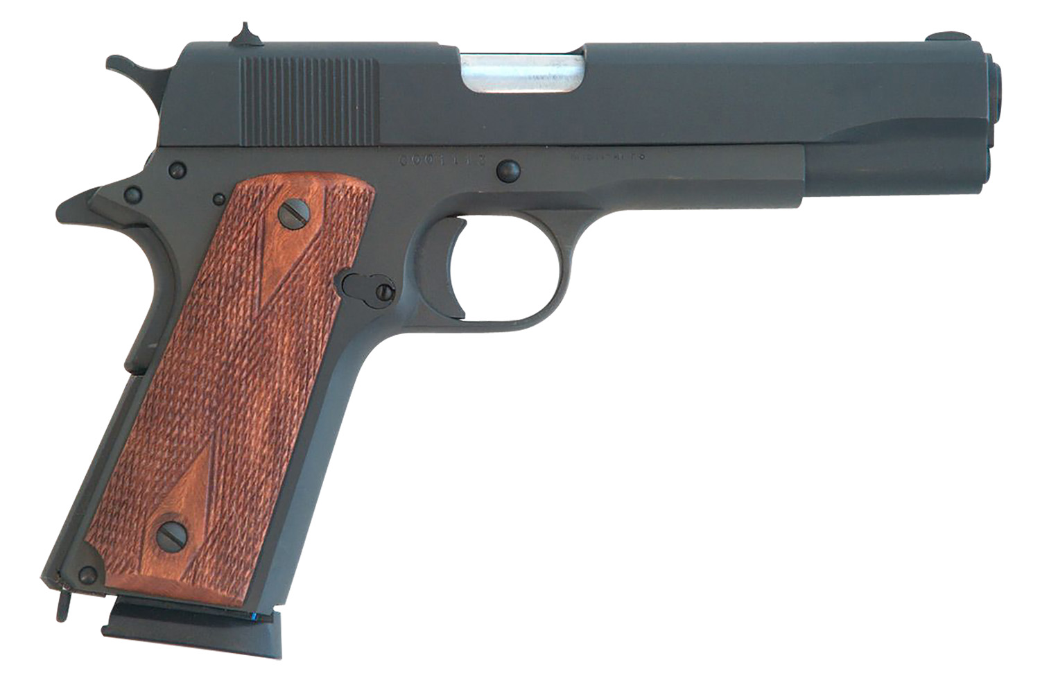 Cimarron 1911 1911  .45 ACP 8+1, 5.03 Black Steel Barrel, Black Parkerized Serrated Slide & Frame, Checkered Walnut Grips