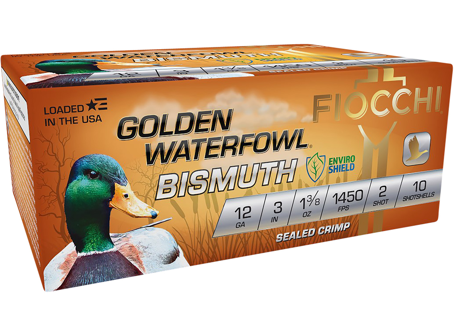 Fiocchi 123GB2 Golden Waterfowl Bismuth 12Gauge 3 1 3/8oz 2Shot 10 Per Box/10 Case