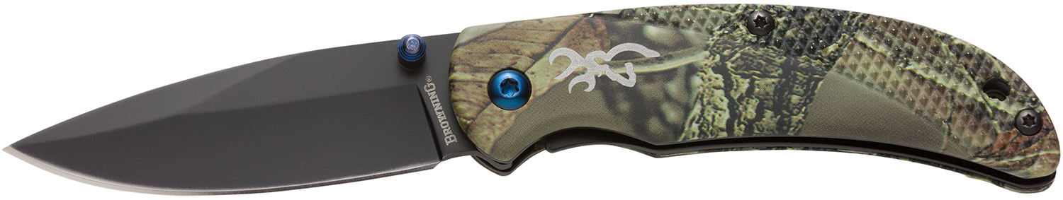 Browning 3220344 Prism 3  EDC Folding 2.38 Plain Black Oxide 7Cr17MoV SS Blade, Camo w/Brass Accents & Logo Anodized Aluminum Handle, Includes Pocket Clip