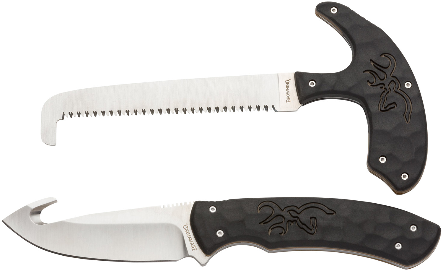 Browning 3220420 Primal Combo Boxed 3.75"/5.25" Fixed Drop Point Gut Hook/Skinner, Saw 8Cr13MoV SS Blade, Black Polymer