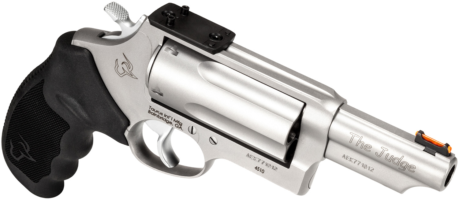Taurus Judge TORO Magnum 45 Colt/410 3in 5rd — Superb Optics-Ready Revolver 4 Taurus Judge TORO Magnum stainless revolver in 45 Colt and 410, angled view showing the optics mounting plate on the top strap and the 3-inch barrel
