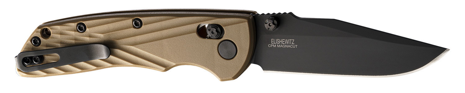 Hogue Deka 3.25" Folding Clip Point Plain Black Cerakote CPM MagnaCut SS Blade, FDE Crosshatch Textured Grn Handle, Incl