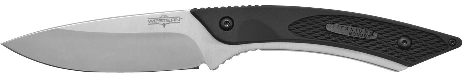 Camillus 19123 Western Coil 3.25 Fixed Plain Silver 420 Steel Titanium Bonded Blade, Black/SS Rubber/Stainless Steel Handle, Includes Sheath
