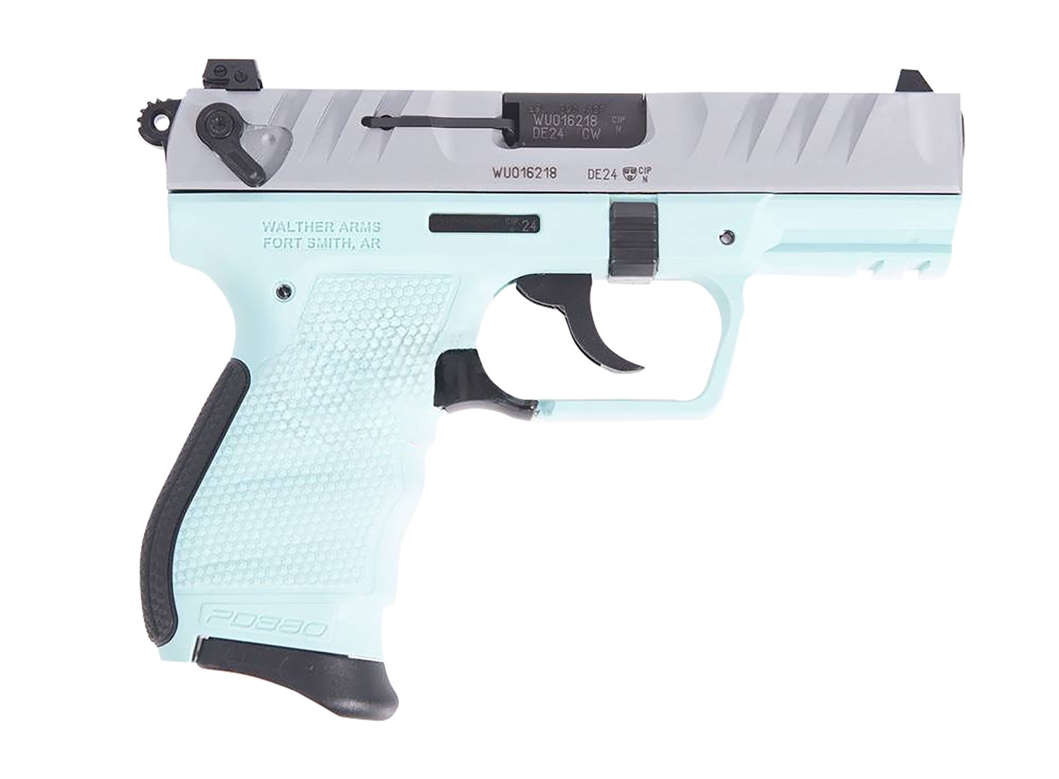 Walther Arms 5050525 PD380  380 ACP 9+1 3.70 Black Steel Barrel, Nickel Serrated Steel Slide, Angel Blue Polymer Frame, Textured Wraparound Grip