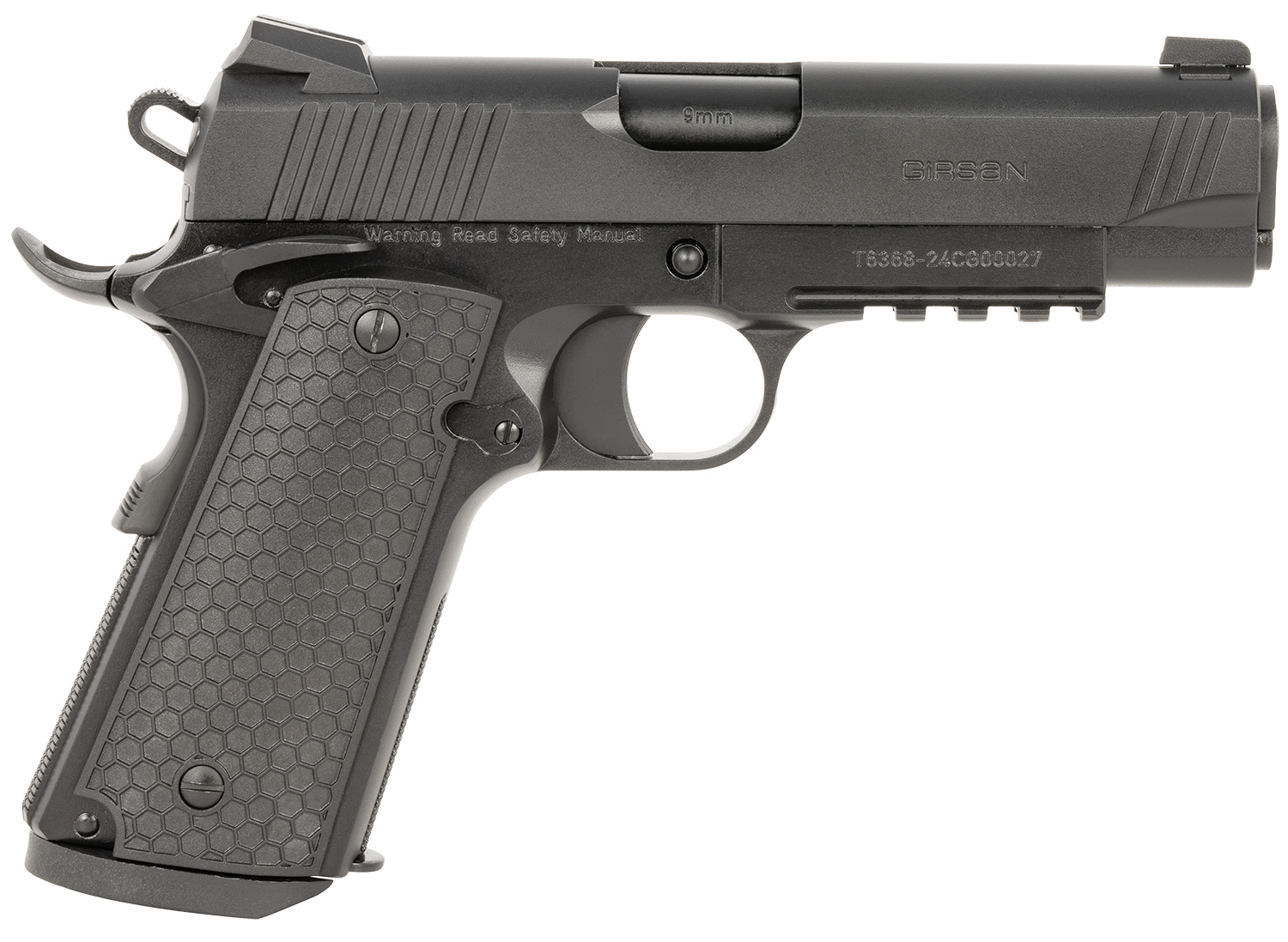 Girsan 392070 MC1911 C Untouchable Compact Frame 45 ACP 8+1 4.40 Black Steel Barrel, Black Serrated Steel Slide & Frame w/Beavertail & Picatinny Rail, Black Polymer Grip