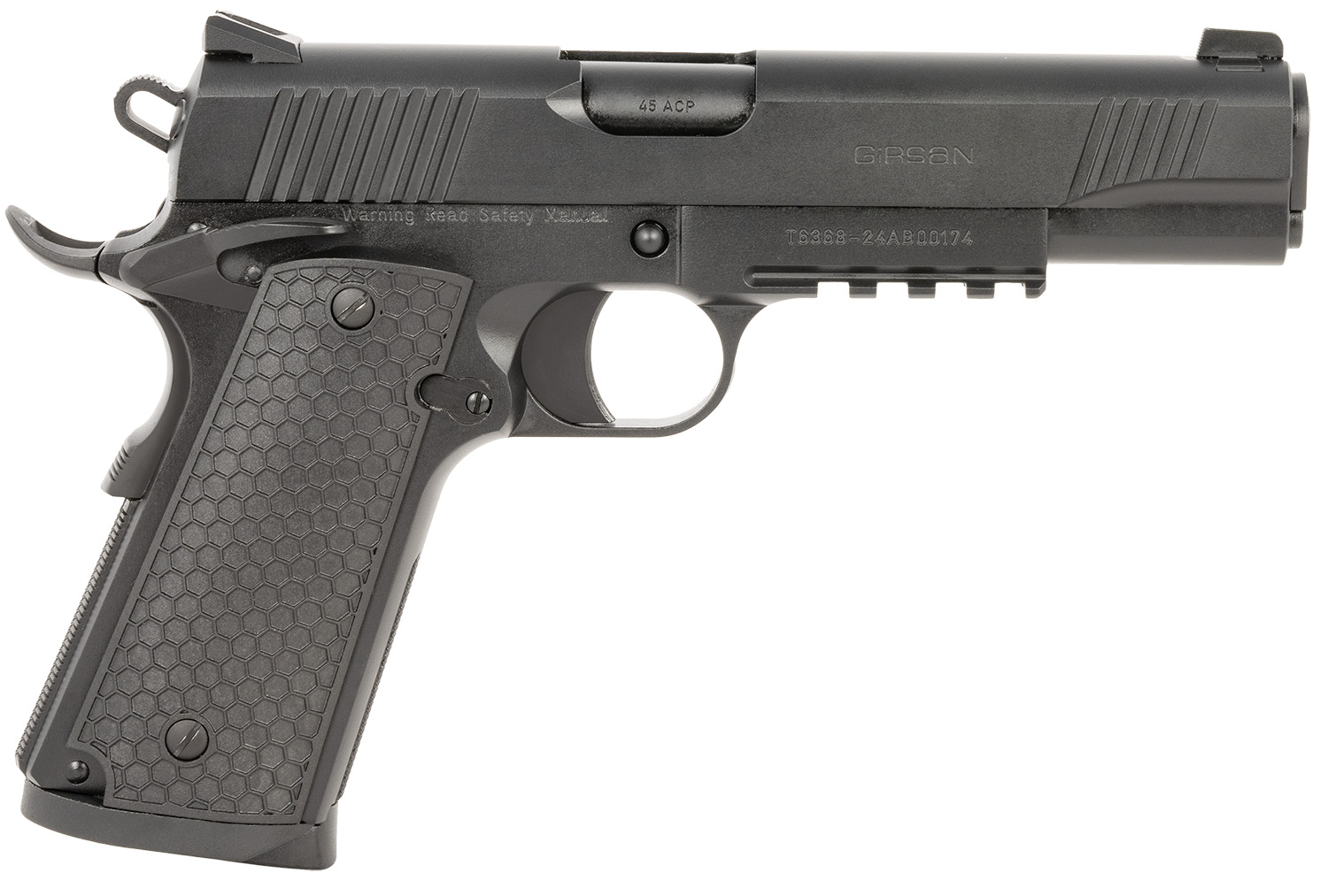 Girsan 392060 MC1911 S Untouchable Full Size 45 ACP 8+1 5 Black Steel Barrel, Black Serrated Steel Slide & Frame w/Beavertail & Picatinny Rail, Black Polymer Grip