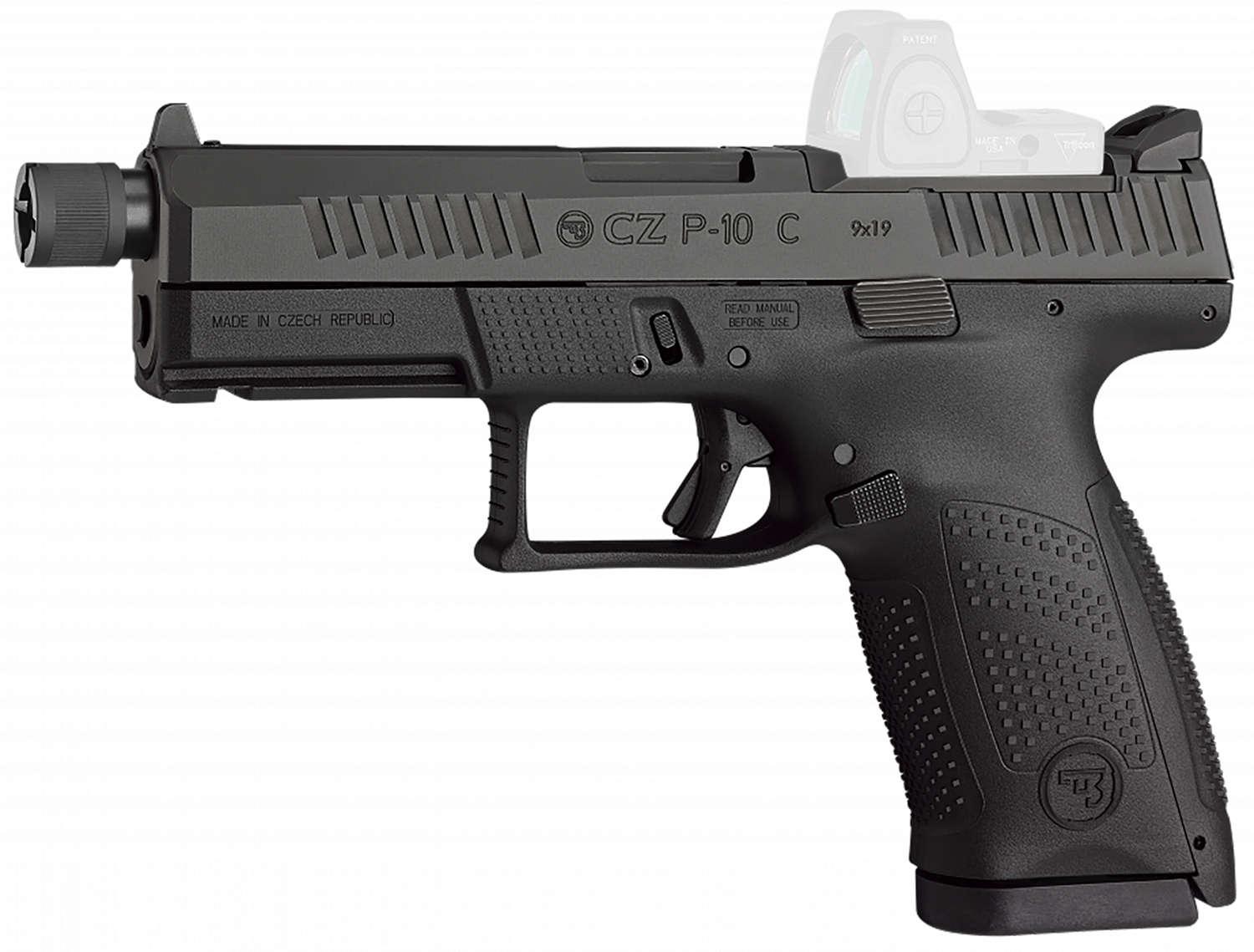 CZ-USA 91513 P-10 C  Compact 9mm Luger 17+1 4.02" Black Threaded Barrel, Black Nitride Optic Ready/Serrated Steel Slide, Black Polymer Frame w/Picatinny Rail, Interchangeable Backstrap Grip