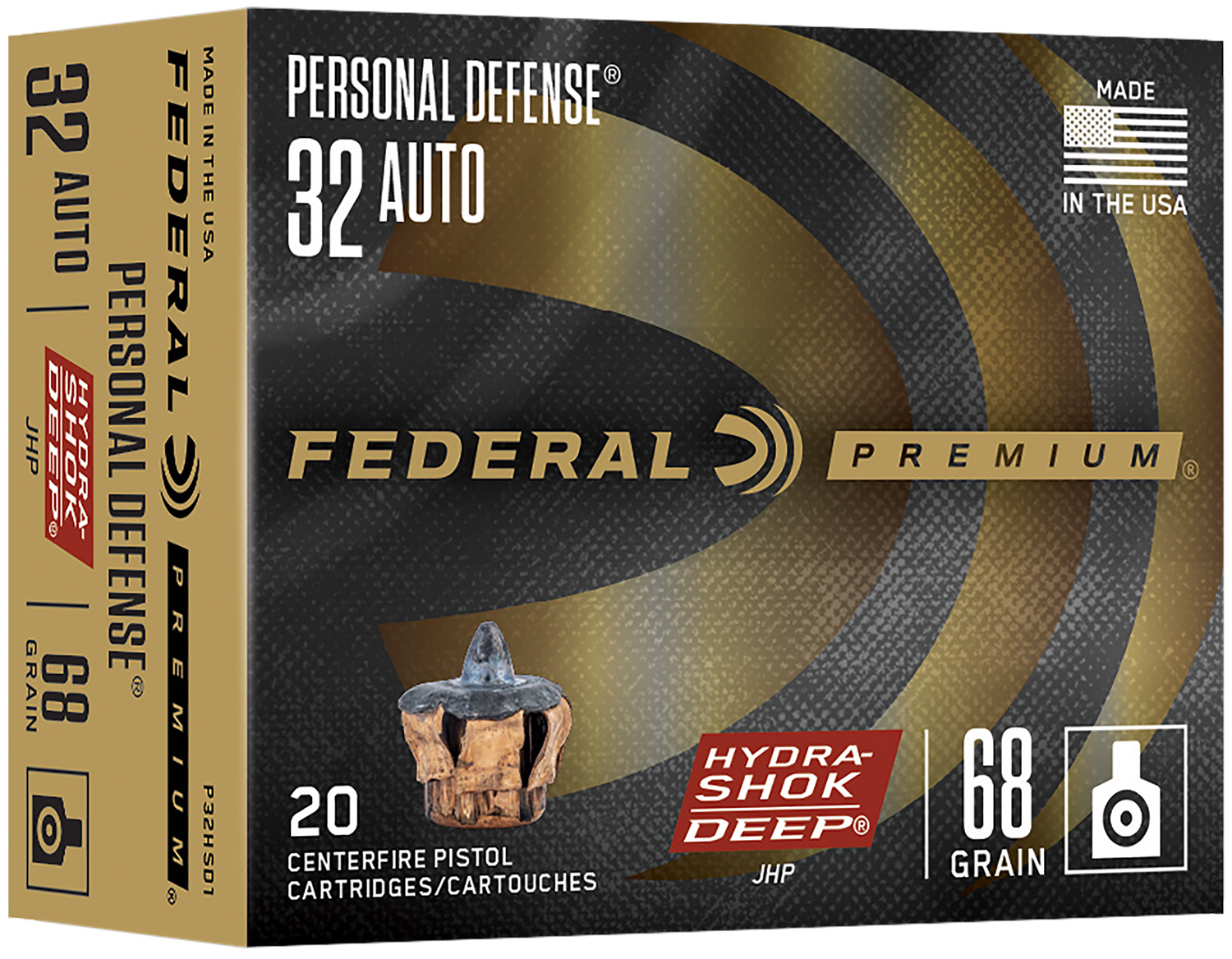 Federal P32HSD1 32 ACP 68 Gr Hydra-Shok Jacketed Hollow Point 20 Per Box/ 10 Case