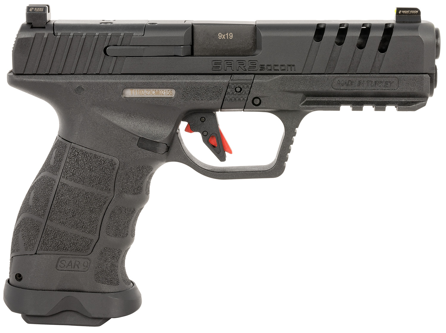 SAR USA SAR9SOCOMBL SAR9 SOCOM 9mm Luger 21+1 5.20 Black Steel Barrel, Black Steel Optic Ready/Ported/Serrated Slide, Black Polymer Frame w/Picatinny Rail, Interchangeable Backstrap Grip, Right Hand