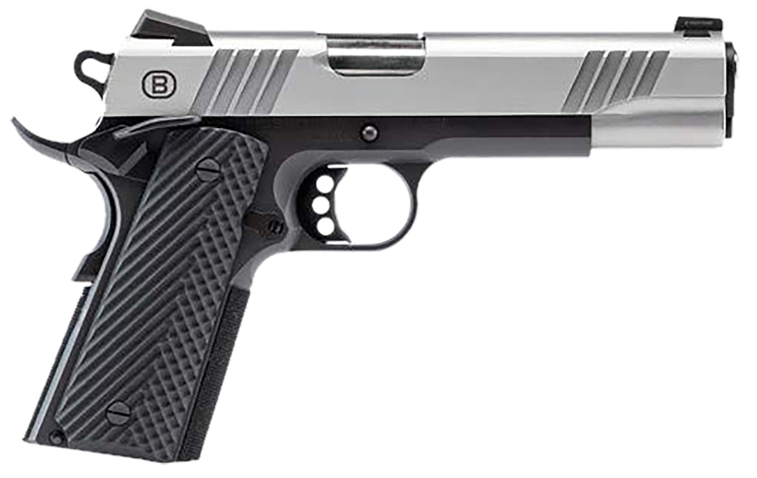 Bersa B19117050SBBK B1911  Full Size Frame 45 ACP 8+1 5 Stainless Steel Barrel, Stainless Serrated Steel Slide, Black Stainless Steel Frame w/Beavertail, Black VZ Grip, Ambidextrous