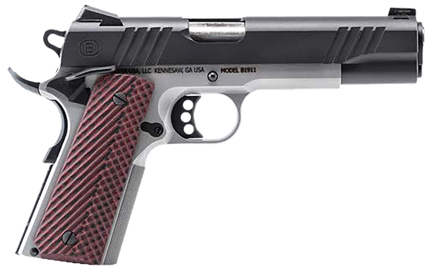 Bersa B19117050BMBC B1911  Full Size Frame 45 ACP 8+1 5 Stainless Steel Barrel, Stainless Serrated Steel Slide, Black Stainless Steel Frame w/Beavertail, Rosewood Grip, Ambidextrous